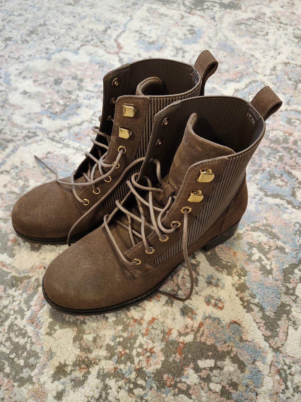 Cole Haan Brown Suede Combat Boots with Gold Hardware